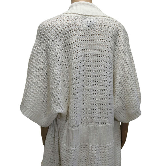 1990s Knit Wool Cardigan Cream Long Boho Open Front Short Sleeve Sweater Size L - Picture 7 of 10